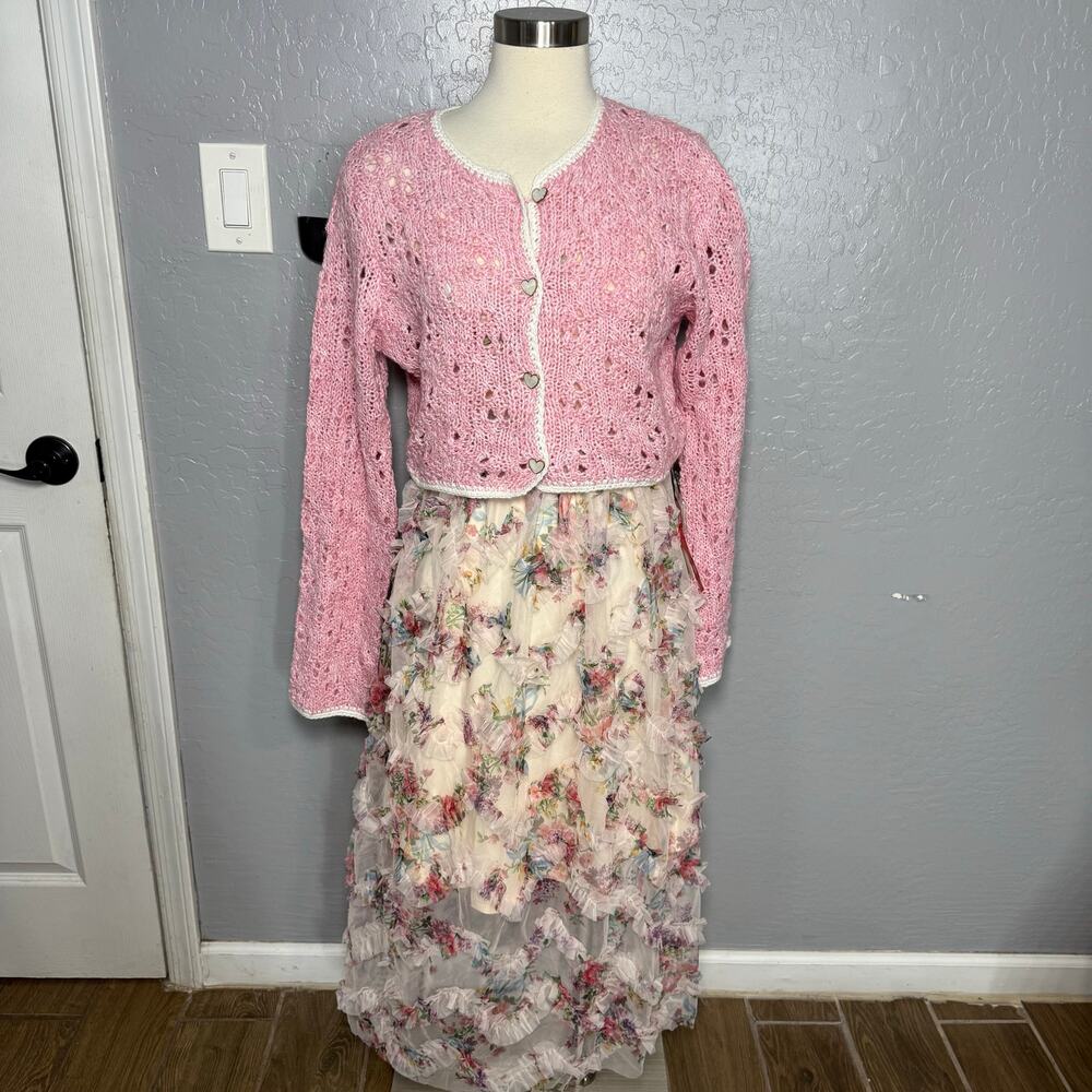 Cider 2 Piece Cottage Ruffle Midi Ruffled Dress with Pink Cardigan, M